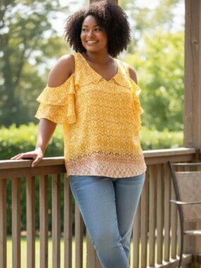 Avenue Top Sz 18 Yellow Cold Shoulder Blouse Ruffle Pullover Relaxed Shirt NWT